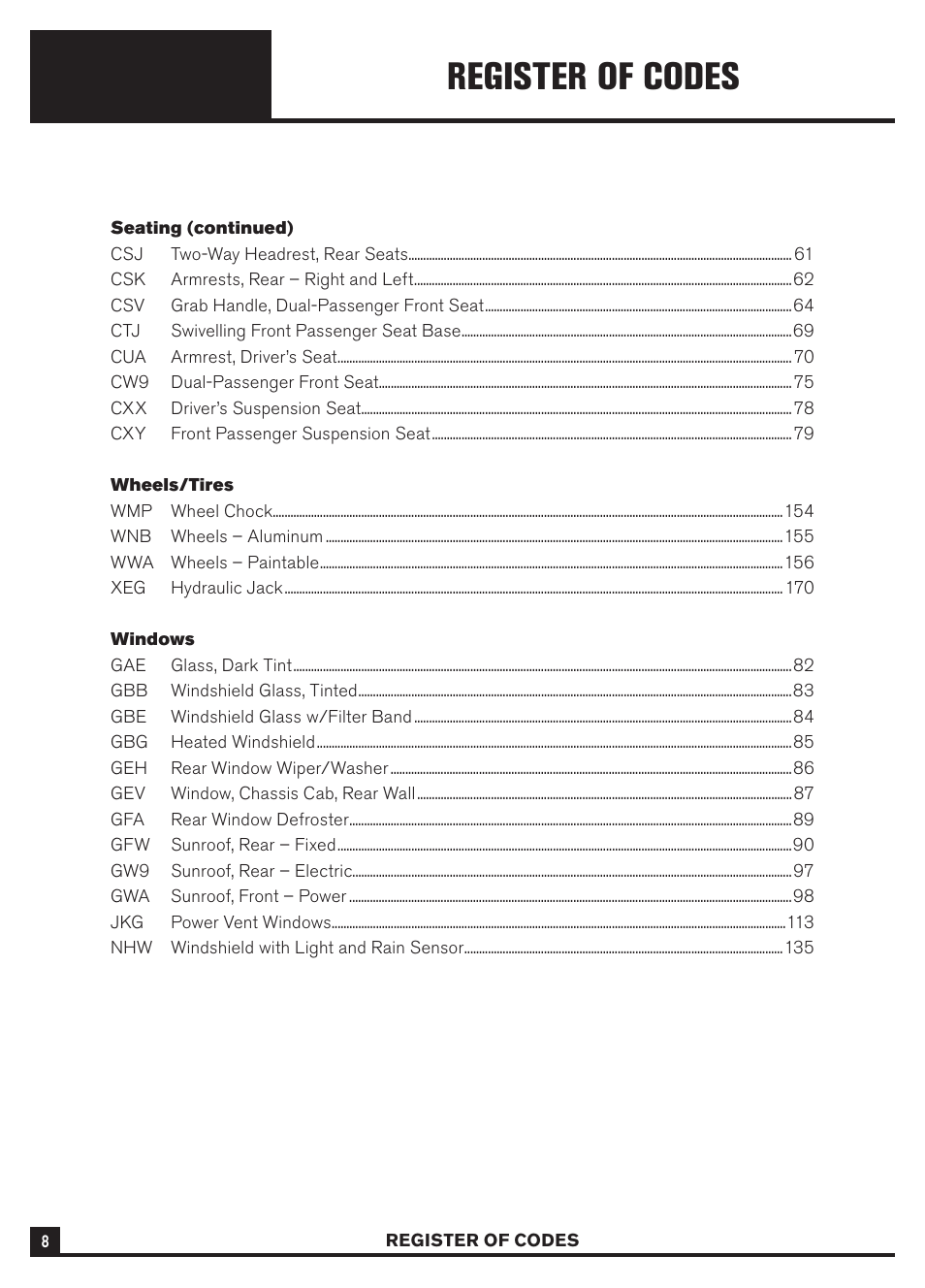 Register of codes | Dodge Sprinter 3500 User Manual | Page 10 / 202