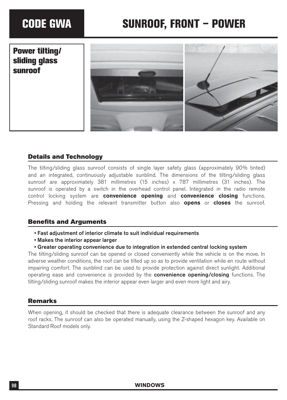 Code gwa, Sunroof, front – power, Power tilting/ sliding glass sunroof | Dodge Sprinter 3500 User Manual | Page 100 / 202