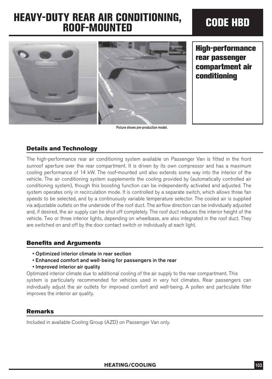 Code hbd, Heavy-duty rear air conditioning, roof-mounted | Dodge Sprinter 3500 User Manual | Page 105 / 202