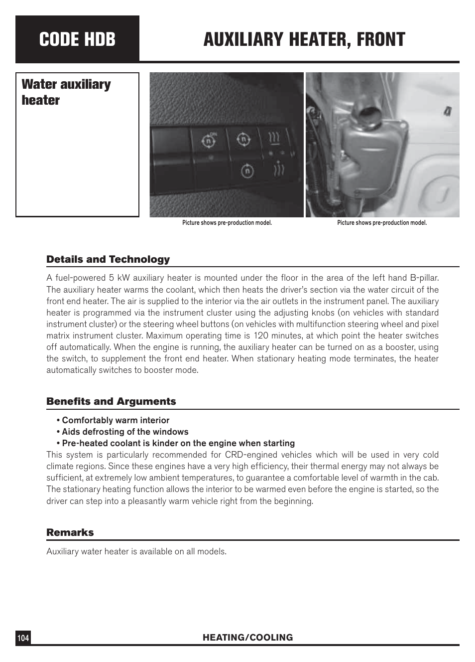 Code hdb, Auxiliary heater, front, Water auxiliary heater | Dodge Sprinter 3500 User Manual | Page 106 / 202