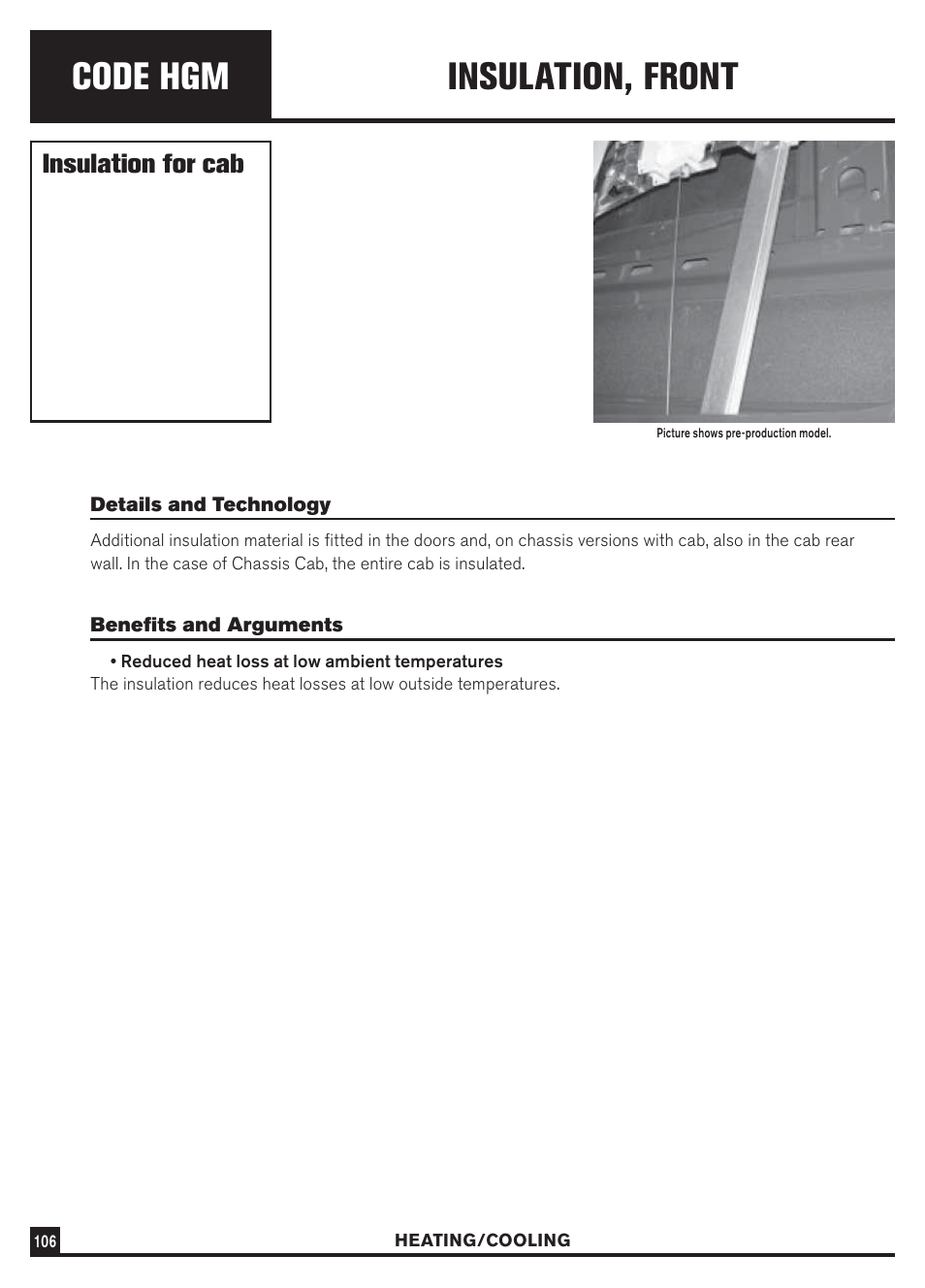 Code hgm, Insulation, front, Insulation for cab | Dodge Sprinter 3500 User Manual | Page 108 / 202