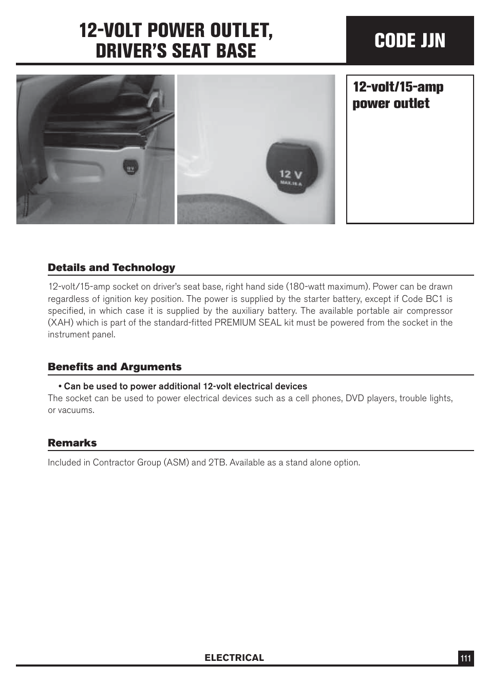 Code jjn, Volt power outlet, driver’s seat base | Dodge Sprinter 3500 User Manual | Page 113 / 202