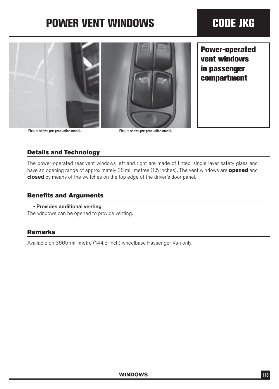 Code jkg, Power vent windows | Dodge Sprinter 3500 User Manual | Page 115 / 202