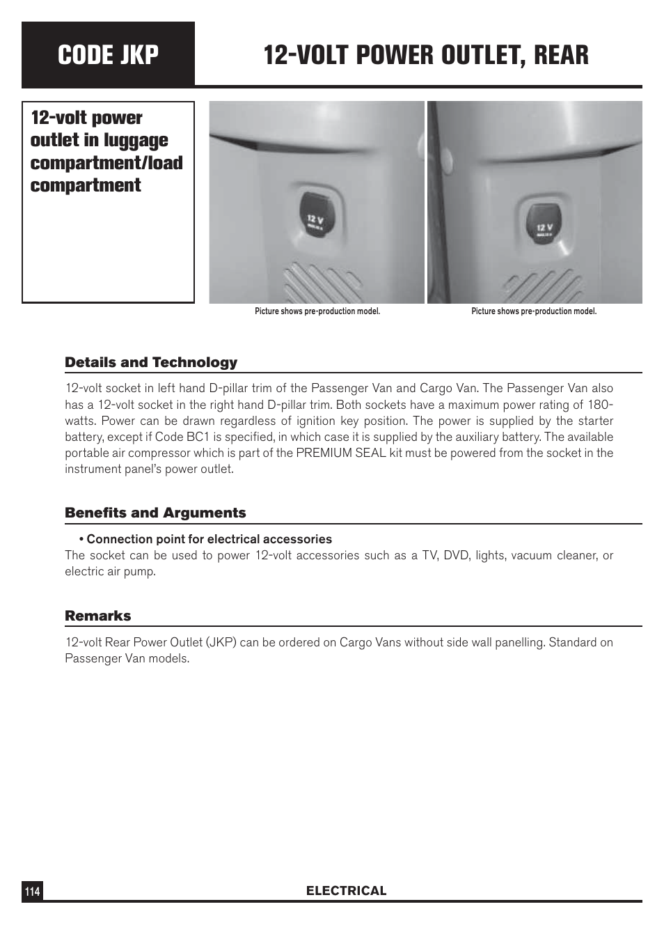 Code jkp, Volt power outlet, rear | Dodge Sprinter 3500 User Manual | Page 116 / 202