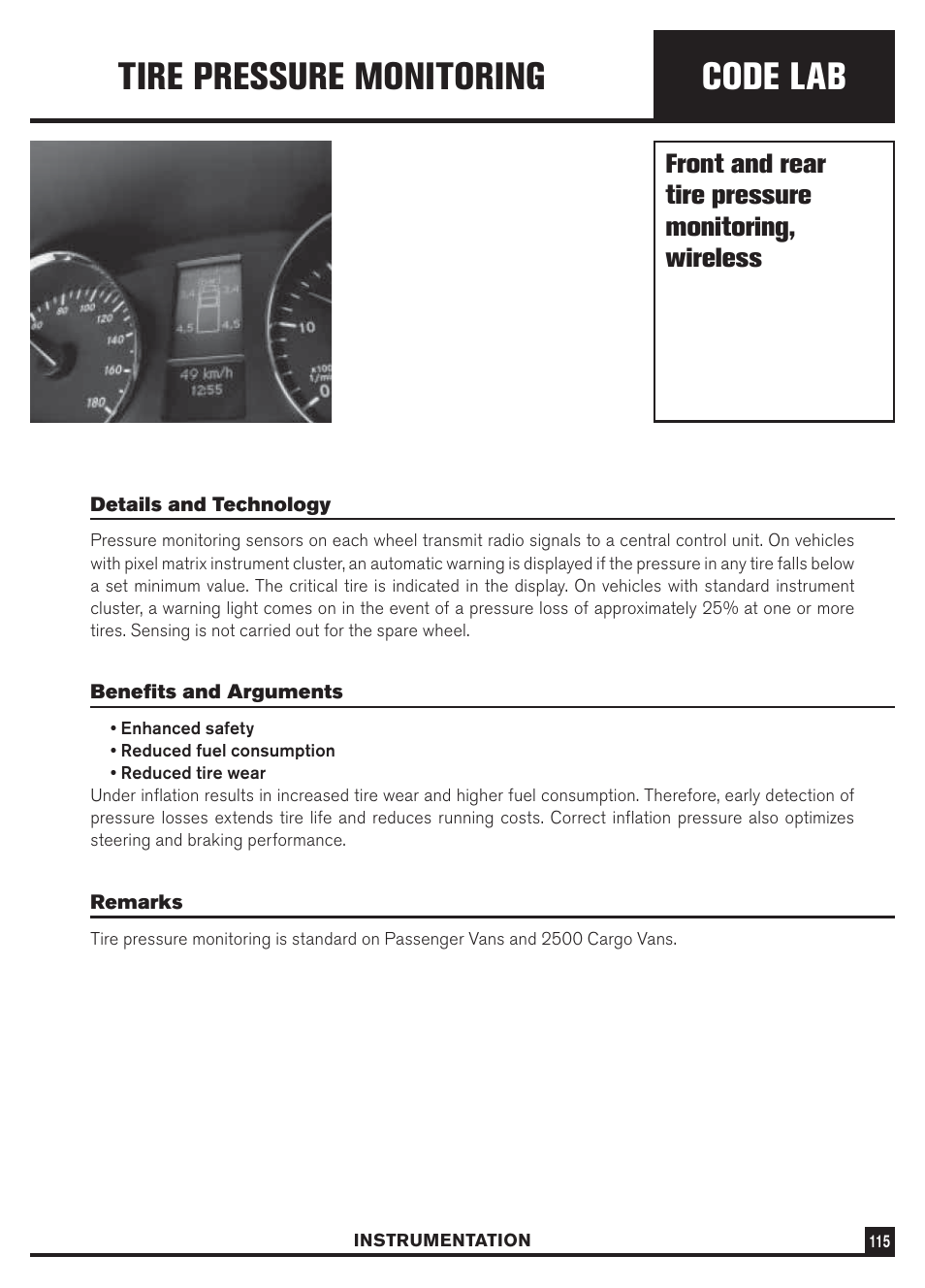 Code lab, Tire pressure monitoring, Front and rear tire pressure monitoring, wireless | Dodge Sprinter 3500 User Manual | Page 117 / 202