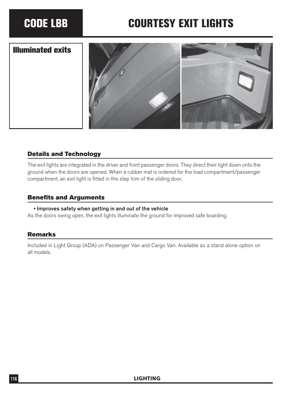 Code lbb, Courtesy exit lights, Illuminated exits | Dodge Sprinter 3500 User Manual | Page 118 / 202
