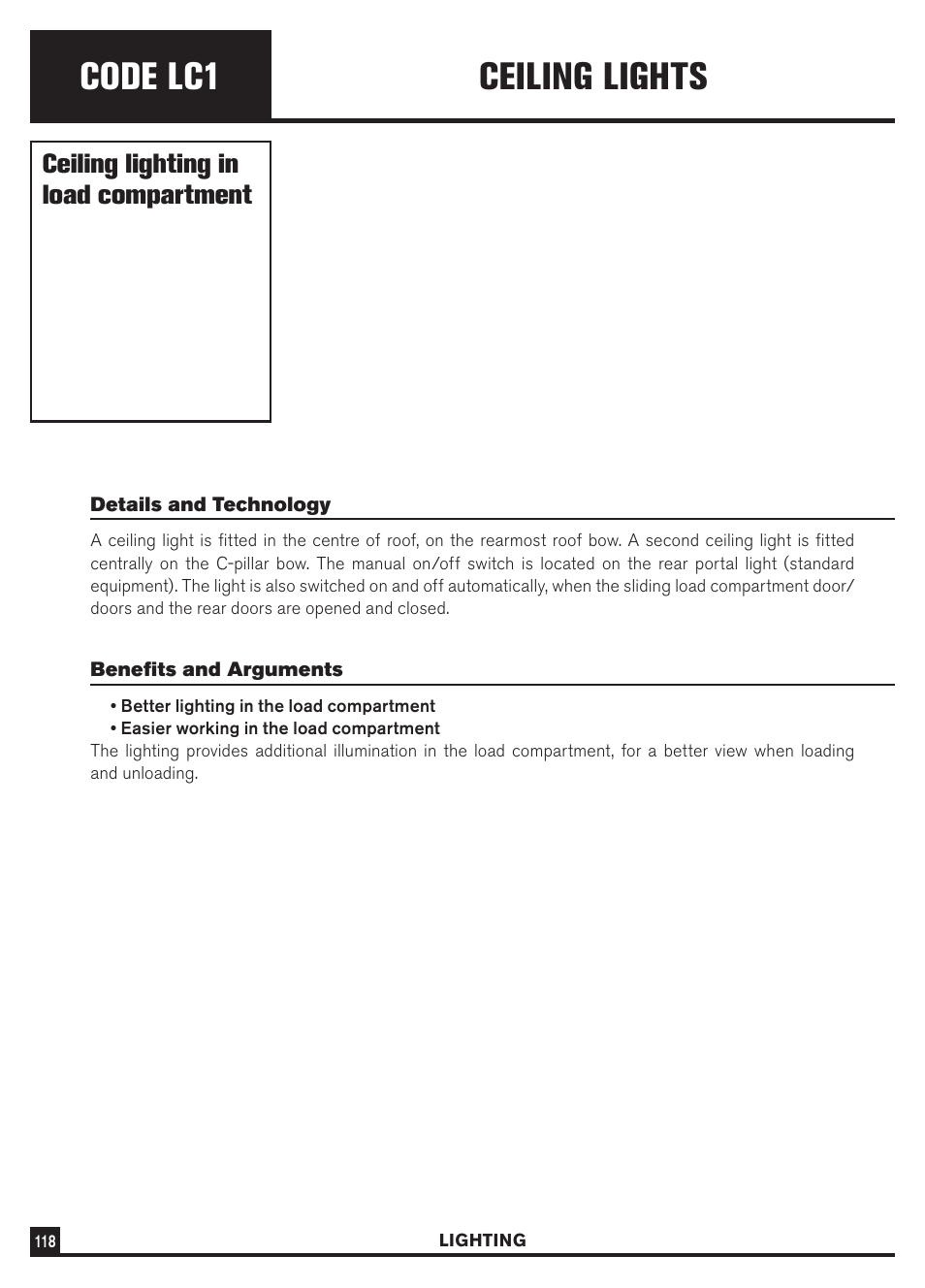 Code lc1, Ceiling lights, Ceiling lighting in load compartment | Dodge Sprinter 3500 User Manual | Page 120 / 202