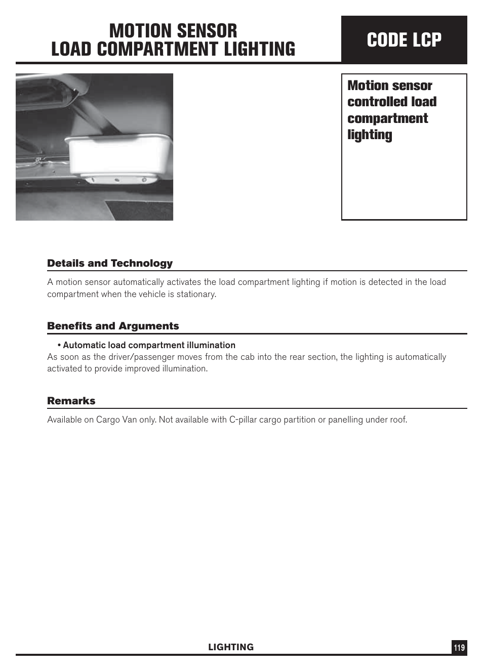 Code lcp, Motion sensor load compartment lighting, Motion sensor controlled load compartment lighting | Dodge Sprinter 3500 User Manual | Page 121 / 202