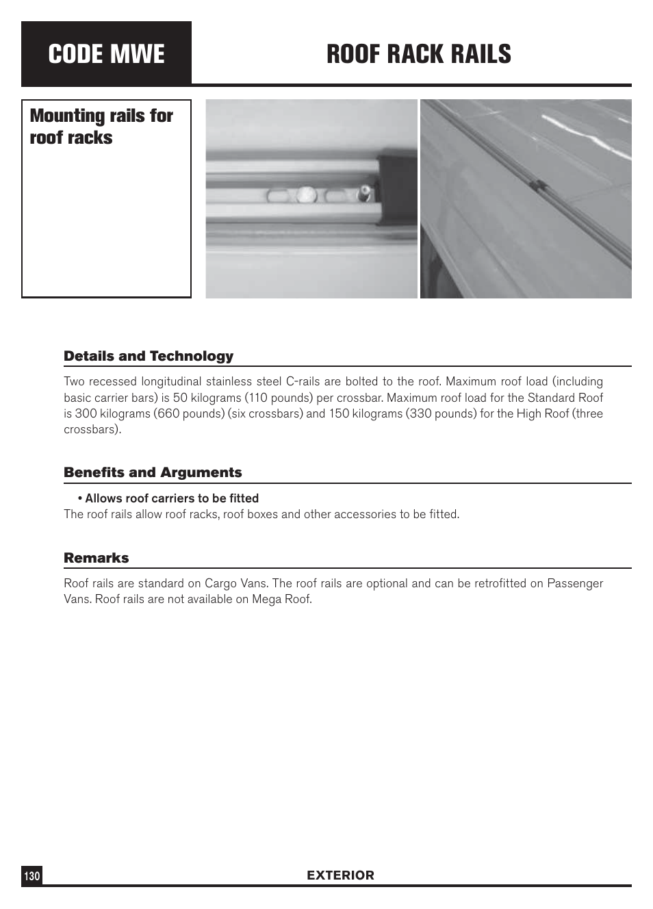 Code mwe, Roof rack rails, Mounting rails for roof racks | Dodge Sprinter 3500 User Manual | Page 132 / 202