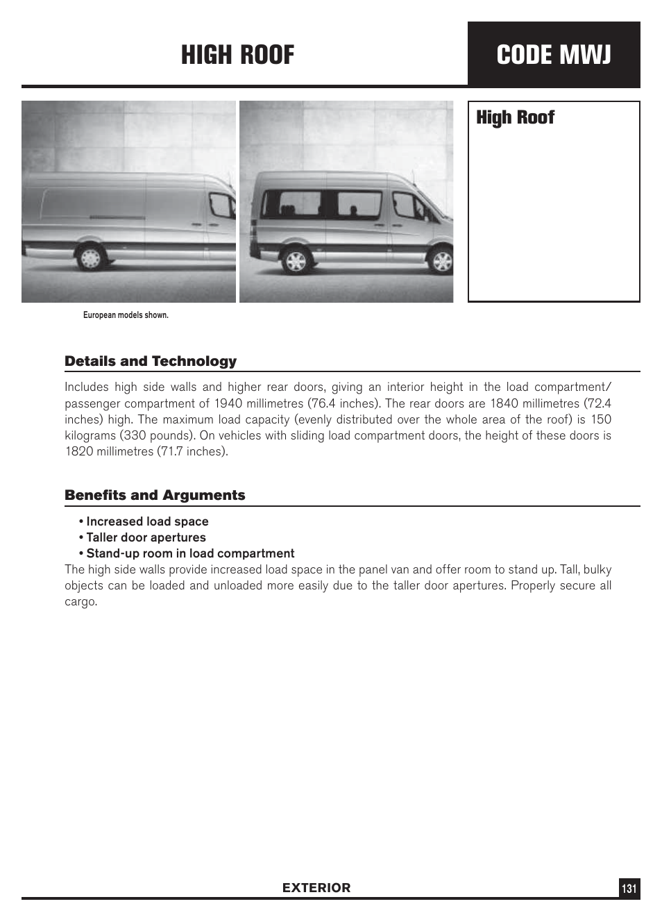 Code mwj, High roof | Dodge Sprinter 3500 User Manual | Page 133 / 202