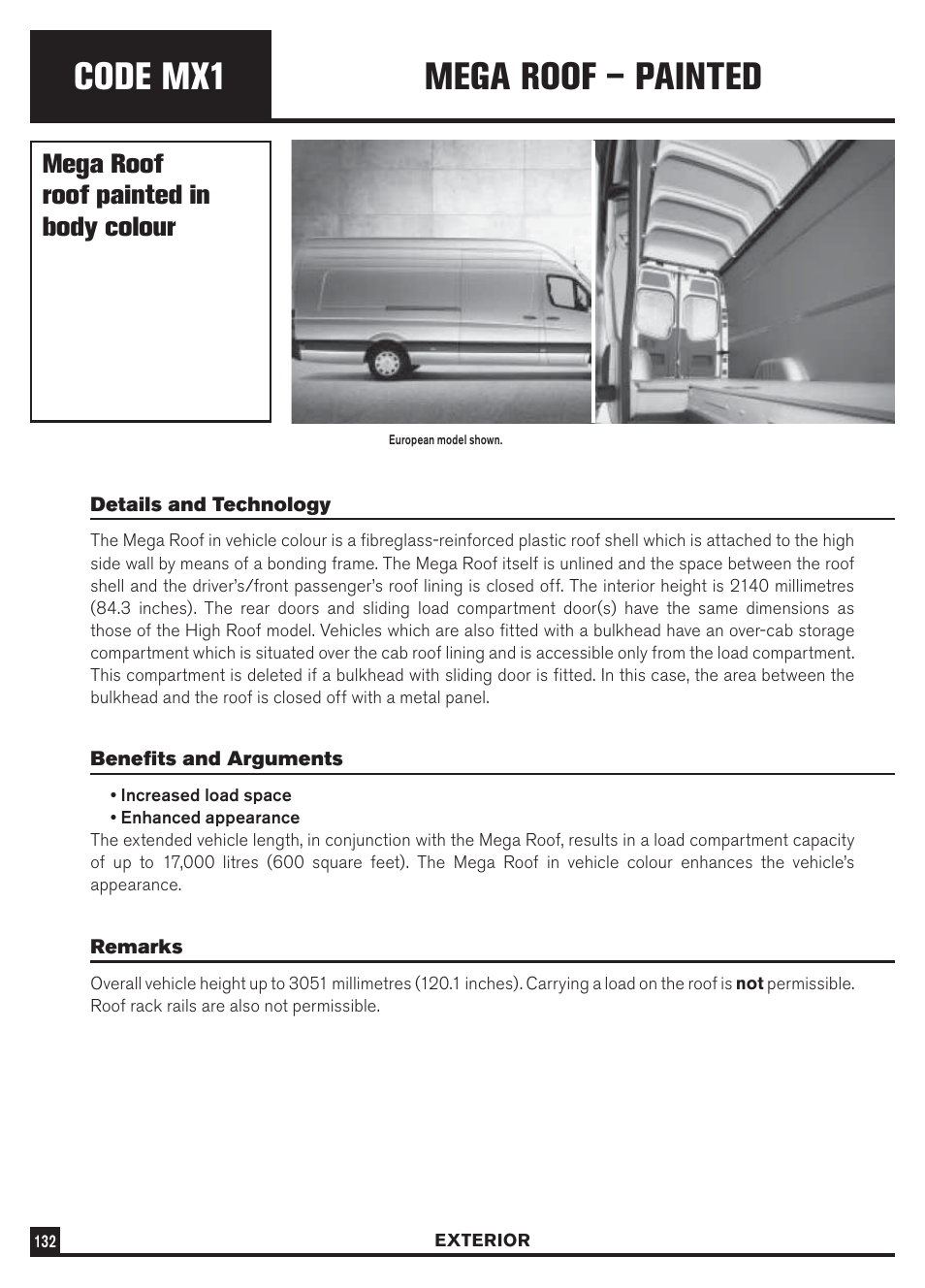 Code mx1, Mega roof – painted, Mega roof roof painted in body colour | Dodge Sprinter 3500 User Manual | Page 134 / 202