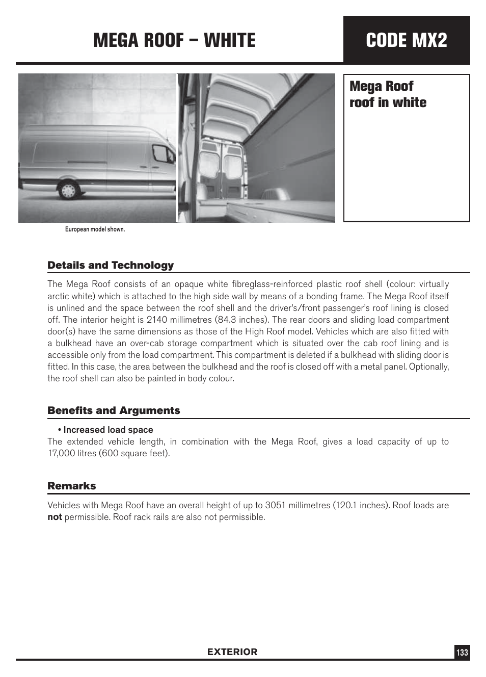 Code mx2, Mega roof – white, Mega roof roof in white | Dodge Sprinter 3500 User Manual | Page 135 / 202