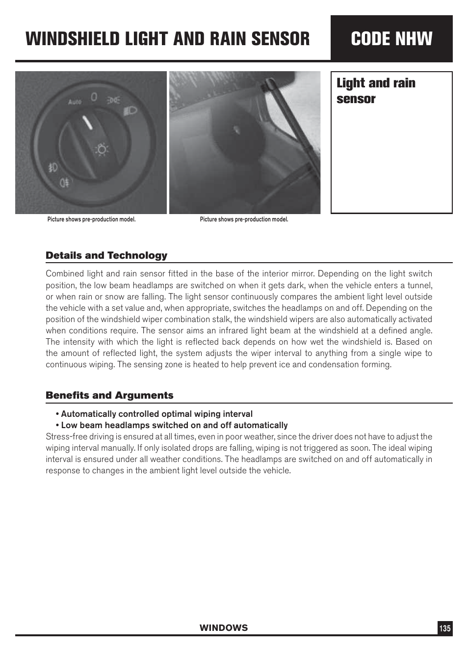 Code nhw, Windshield light and rain sensor, Light and rain sensor | Dodge Sprinter 3500 User Manual | Page 137 / 202