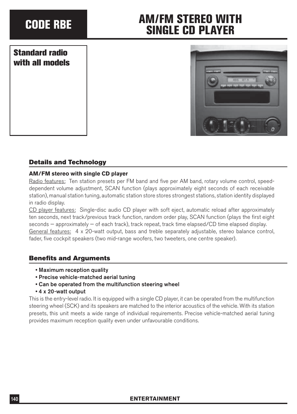 Code rbe, Am/fm stereo with single cd player | Dodge Sprinter 3500 User Manual | Page 142 / 202