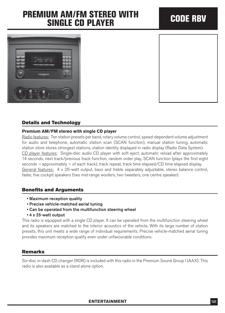 Code rbv, Premium am/fm stereo with single cd player | Dodge Sprinter 3500 User Manual | Page 143 / 202