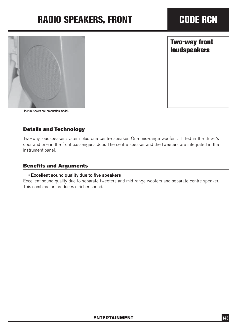 Code rcn, Radio speakers, front, Two-way front loudspeakers | Dodge Sprinter 3500 User Manual | Page 145 / 202