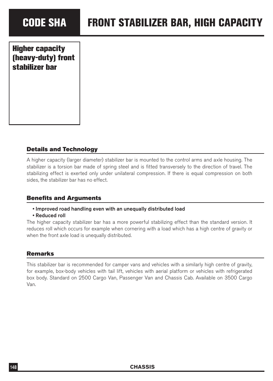 Code sha, Front stabilizer bar, high capacity, Higher capacity (heavy-duty) front stabilizer bar | Dodge Sprinter 3500 User Manual | Page 150 / 202
