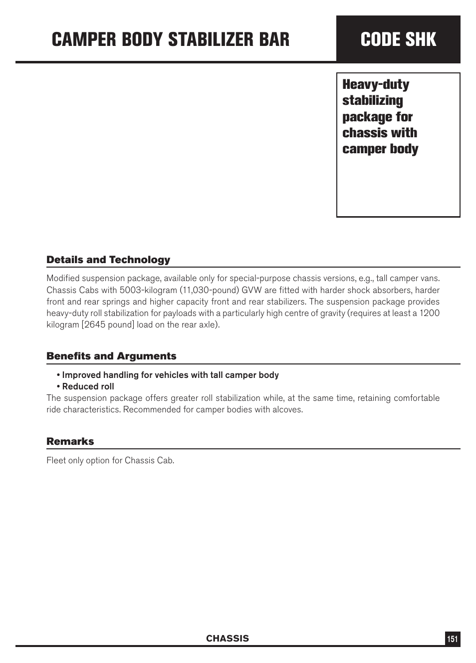 Code shk, Camper body stabilizer bar | Dodge Sprinter 3500 User Manual | Page 153 / 202