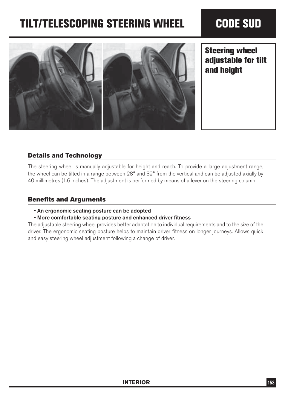 Code sud, Tilt/telescoping steering wheel, Steering wheel adjustable for tilt and height | Dodge Sprinter 3500 User Manual | Page 155 / 202