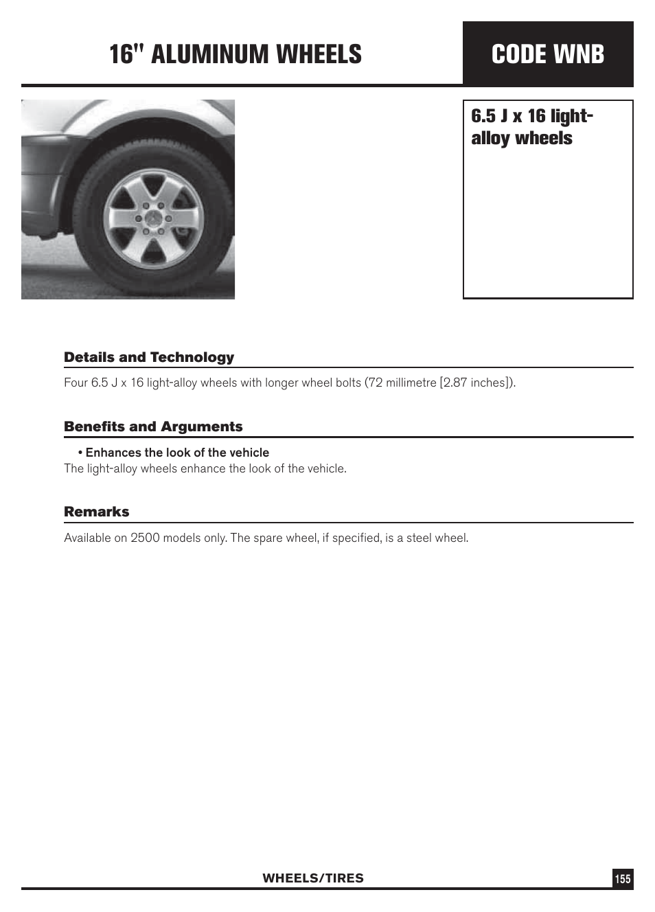 Code wnb, 16" aluminum wheels, 5 j x 16 light- alloy wheels | Dodge Sprinter 3500 User Manual | Page 157 / 202