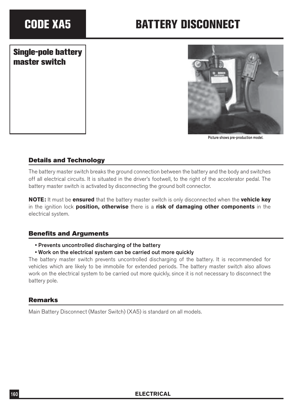 Code xa5 battery disconnect, Single-pole battery master switch | Dodge Sprinter 3500 User Manual | Page 162 / 202