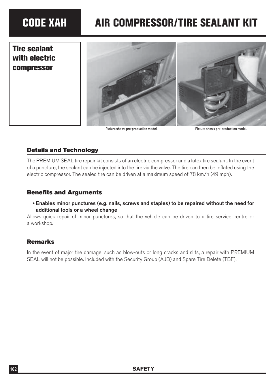 Code xah, Air compressor/tire sealant kit, Tire sealant with electric compressor | Dodge Sprinter 3500 User Manual | Page 164 / 202