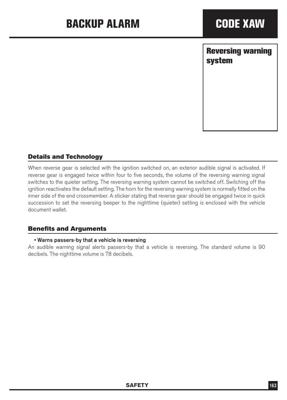 Code xaw, Backup alarm, Reversing warning system | Dodge Sprinter 3500 User Manual | Page 165 / 202