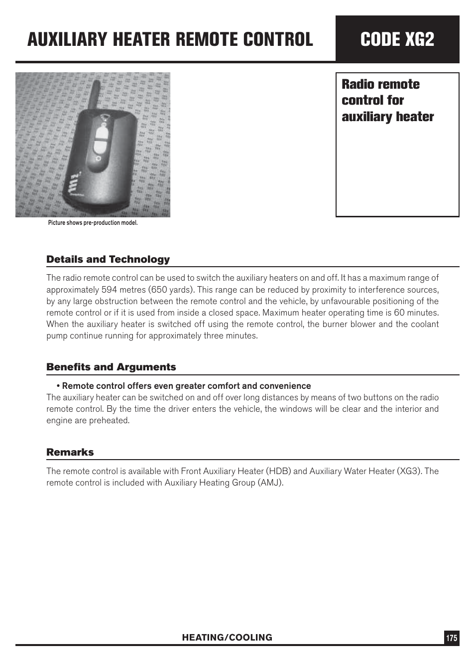 Code xg2, Auxiliary heater remote control, Radio remote control for auxiliary heater | Dodge Sprinter 3500 User Manual | Page 177 / 202