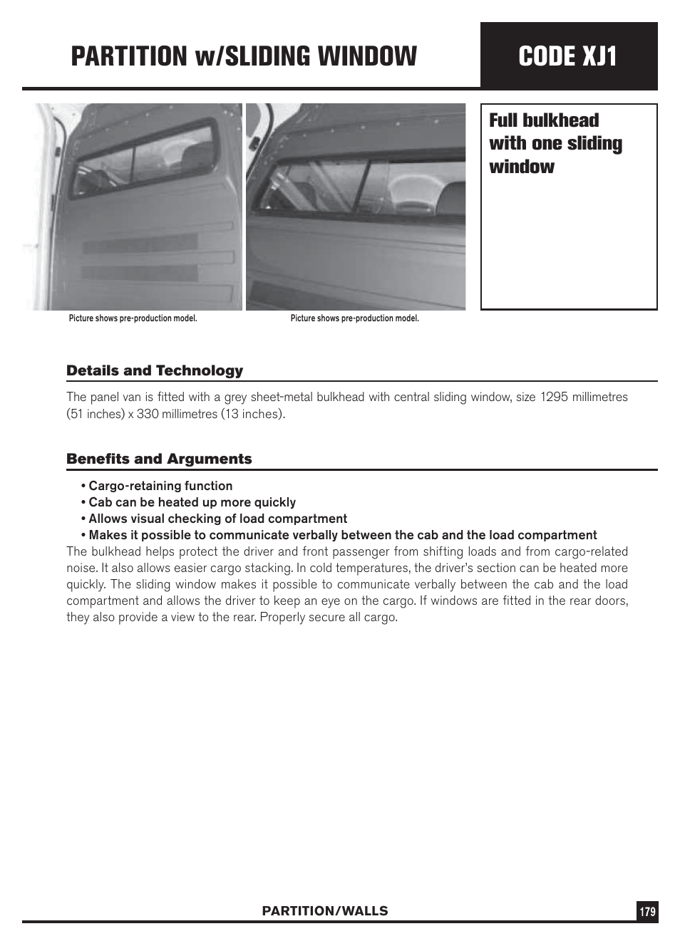 Code xj1, Partition w/sliding window, Full bulkhead with one sliding window | Dodge Sprinter 3500 User Manual | Page 181 / 202