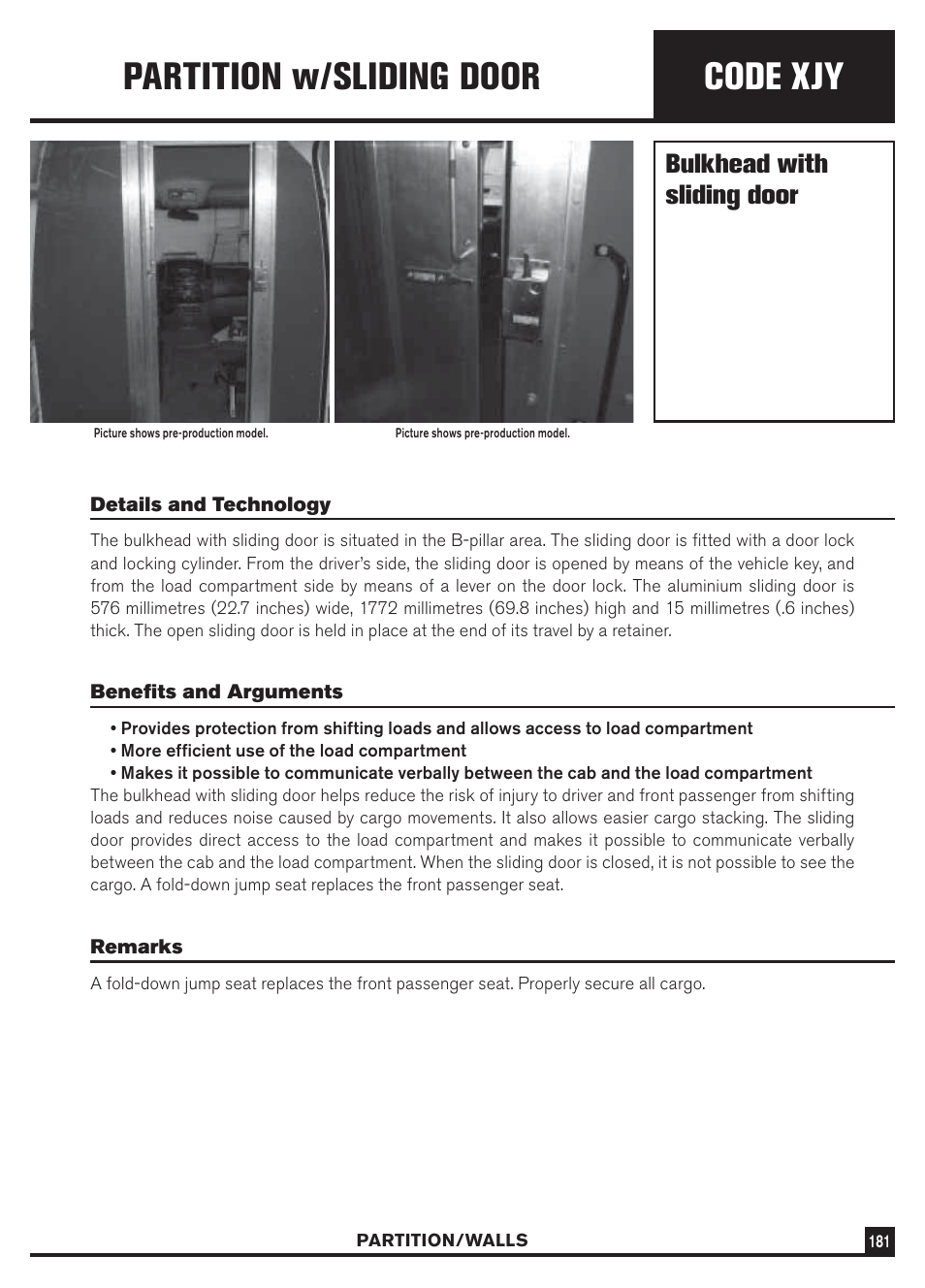 Code xjy, Partition w/sliding door, Bulkhead with sliding door | Dodge Sprinter 3500 User Manual | Page 183 / 202