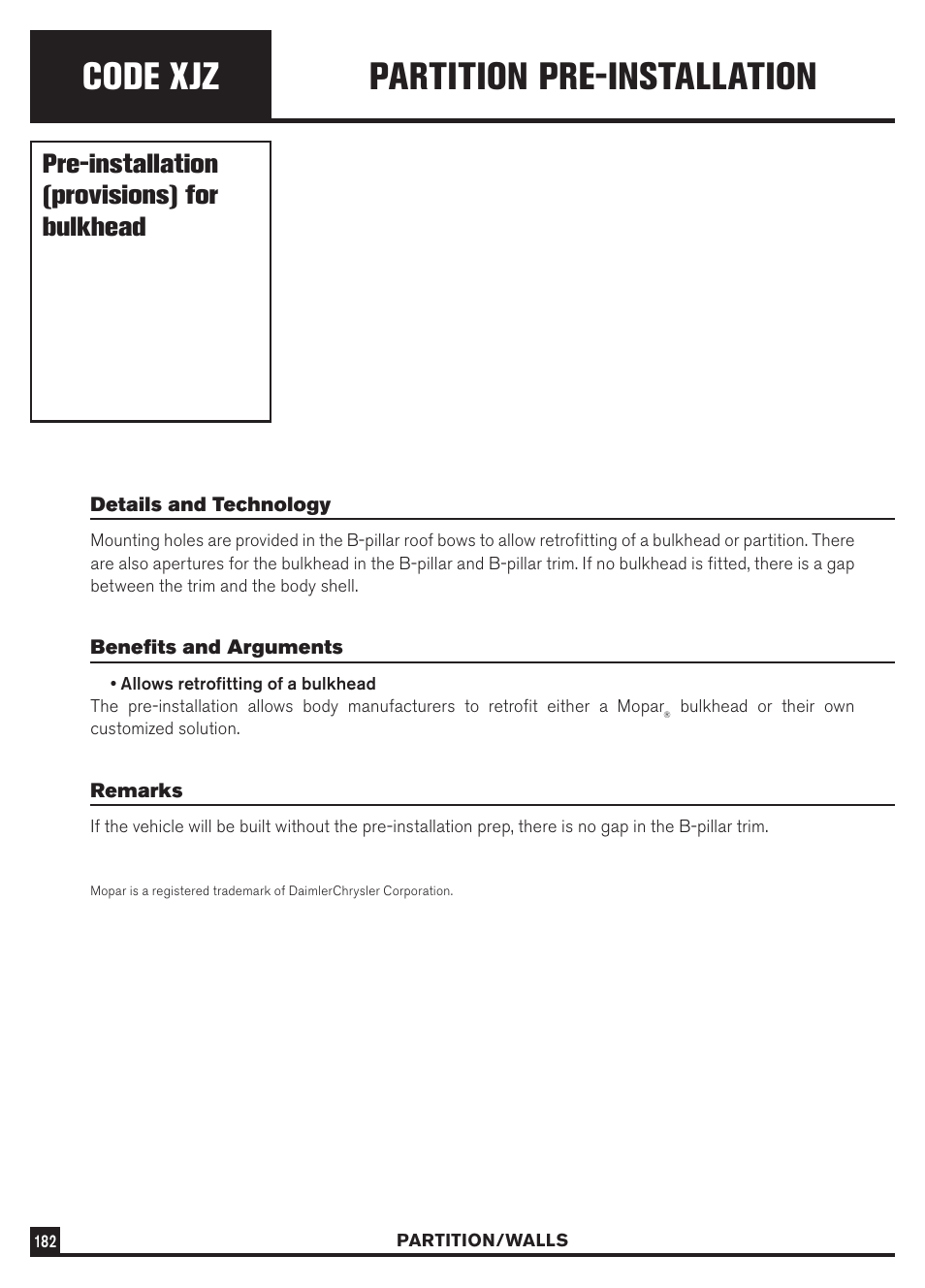 Code xjz, Partition pre-installation, Pre-installation (provisions) for bulkhead | Dodge Sprinter 3500 User Manual | Page 184 / 202