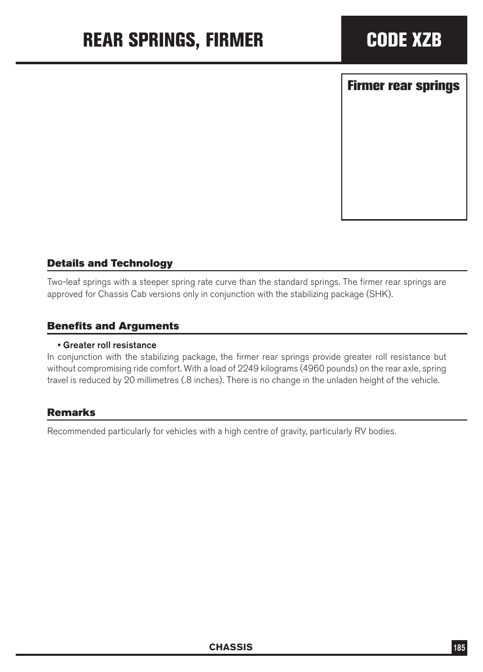 Code xzb, Rear springs, firmer, Firmer rear springs | Dodge Sprinter 3500 User Manual | Page 187 / 202