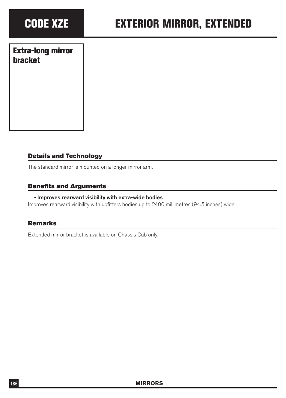 Code xze, Exterior mirror, extended, Extra-long mirror bracket | Dodge Sprinter 3500 User Manual | Page 188 / 202