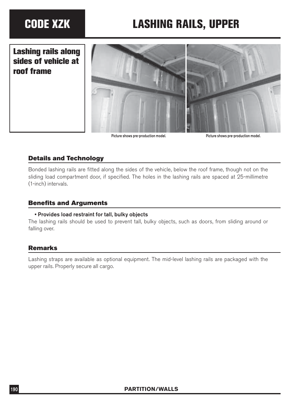 Code xzk, Lashing rails, upper, Lashing rails along sides of vehicle at roof frame | Dodge Sprinter 3500 User Manual | Page 192 / 202