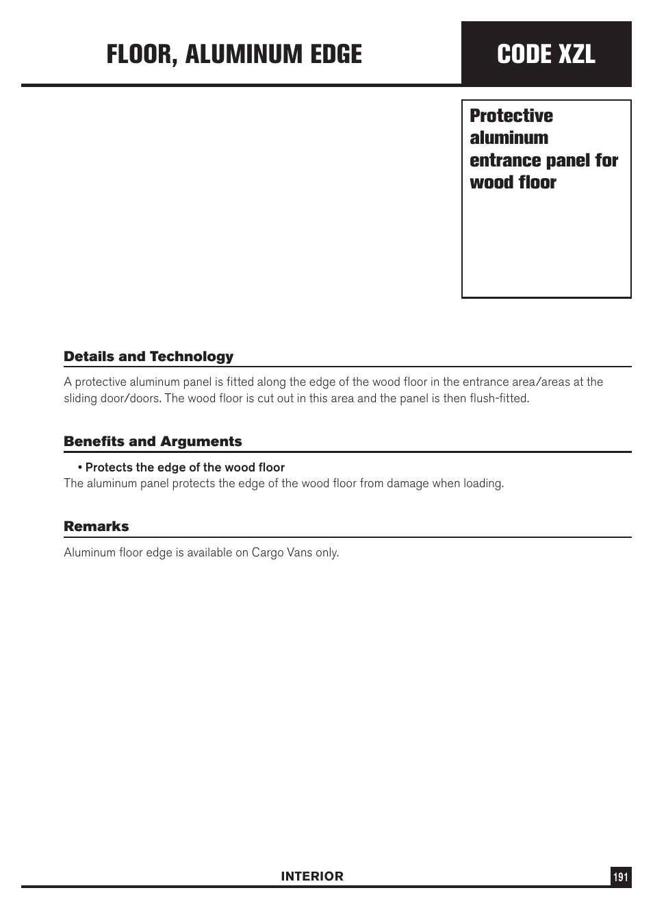 Code xzl, Floor, aluminum edge, Protective aluminum entrance panel for wood floor | Dodge Sprinter 3500 User Manual | Page 193 / 202