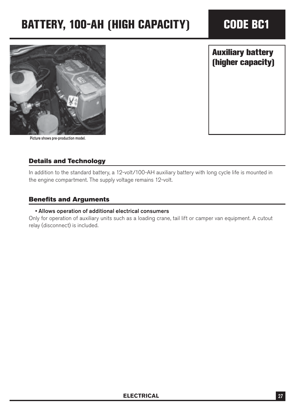 Code bc1, Battery, 100-ah (high capacity), Auxiliary battery (higher capacity) | Dodge Sprinter 3500 User Manual | Page 29 / 202