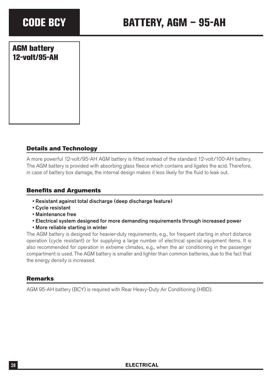 Code bcy, Battery, agm – 95-ah, Agm battery 12-volt/95-ah | Dodge Sprinter 3500 User Manual | Page 30 / 202