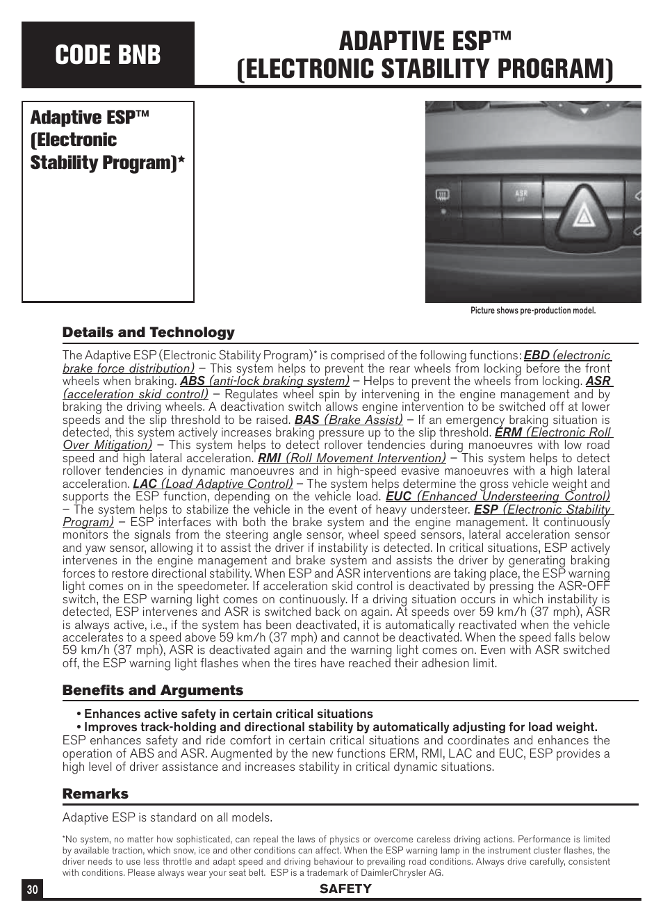 Code bnb, Adaptive esp™ (electronic stability program) | Dodge Sprinter 3500 User Manual | Page 32 / 202