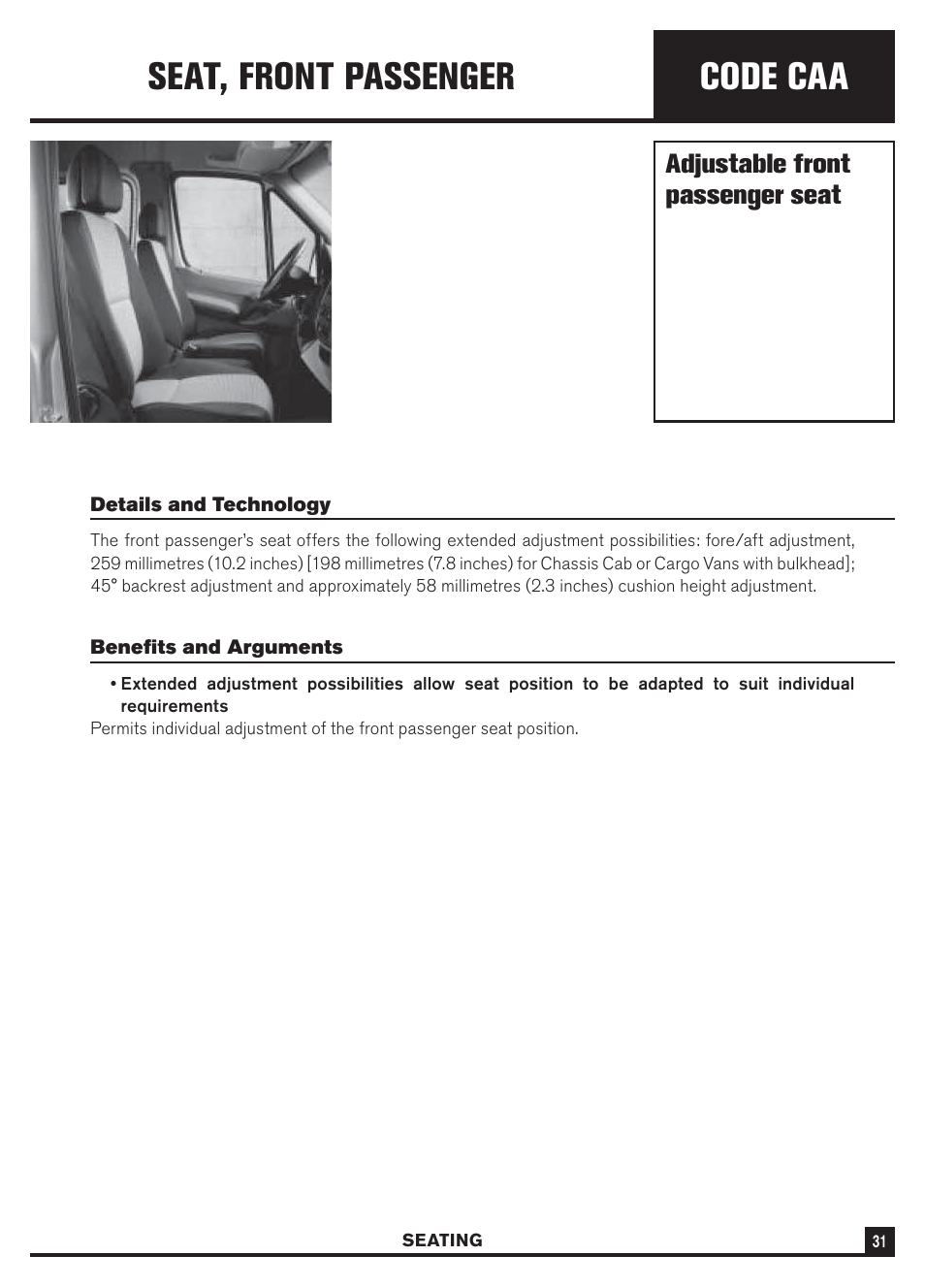 Code caa seat, front passenger, Adjustable front passenger seat | Dodge Sprinter 3500 User Manual | Page 33 / 202