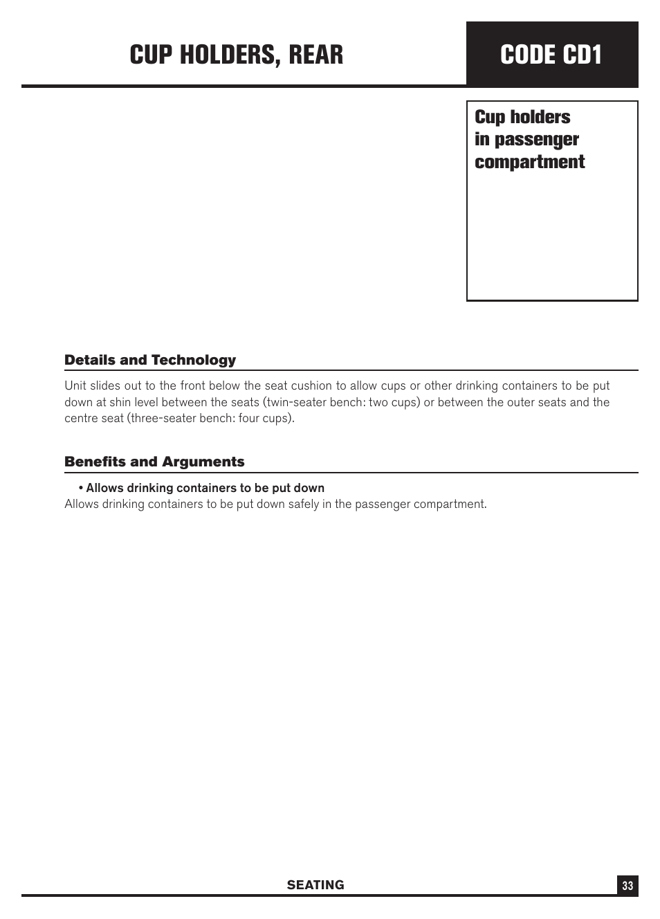 Code cd1, Cup holders, rear, Cup holders in passenger compartment | Dodge Sprinter 3500 User Manual | Page 35 / 202