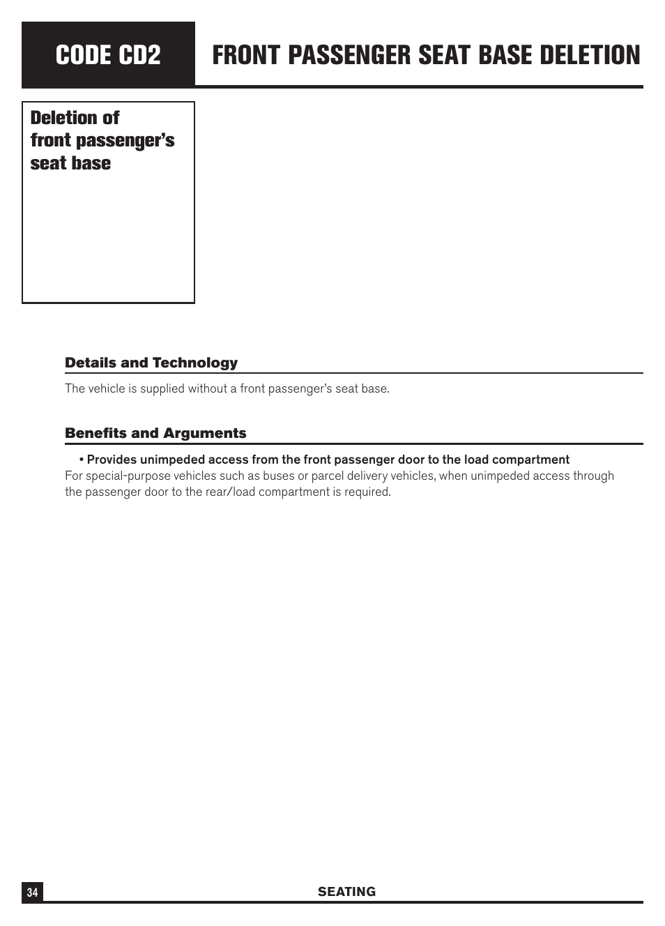 Code cd2, Front passenger seat base deletion, Deletion of front passenger’s seat base | Dodge Sprinter 3500 User Manual | Page 36 / 202