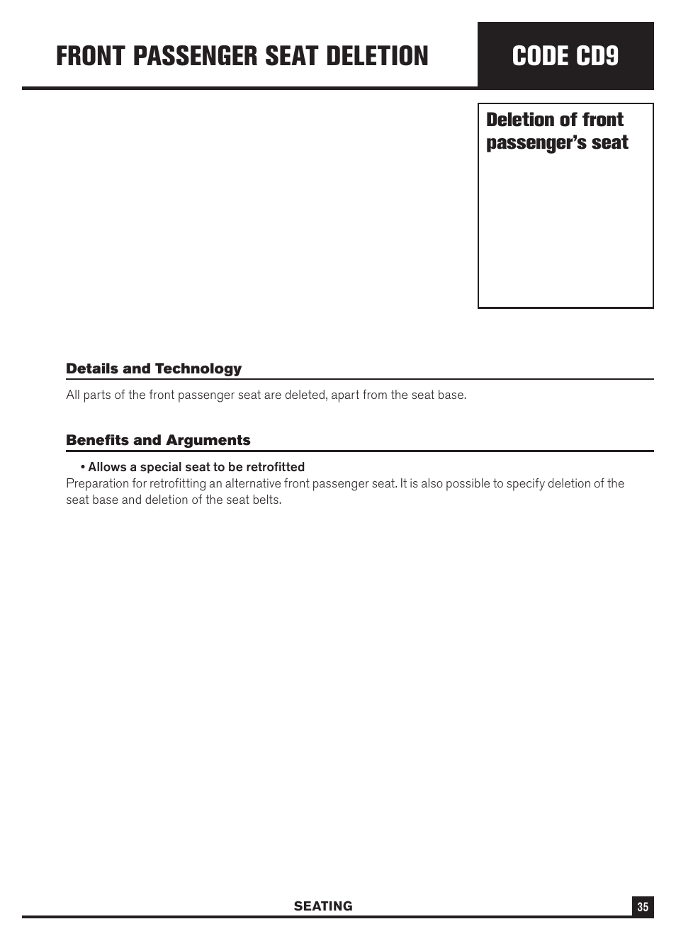 Code cd9, Front passenger seat deletion, Deletion of front passenger’s seat | Dodge Sprinter 3500 User Manual | Page 37 / 202