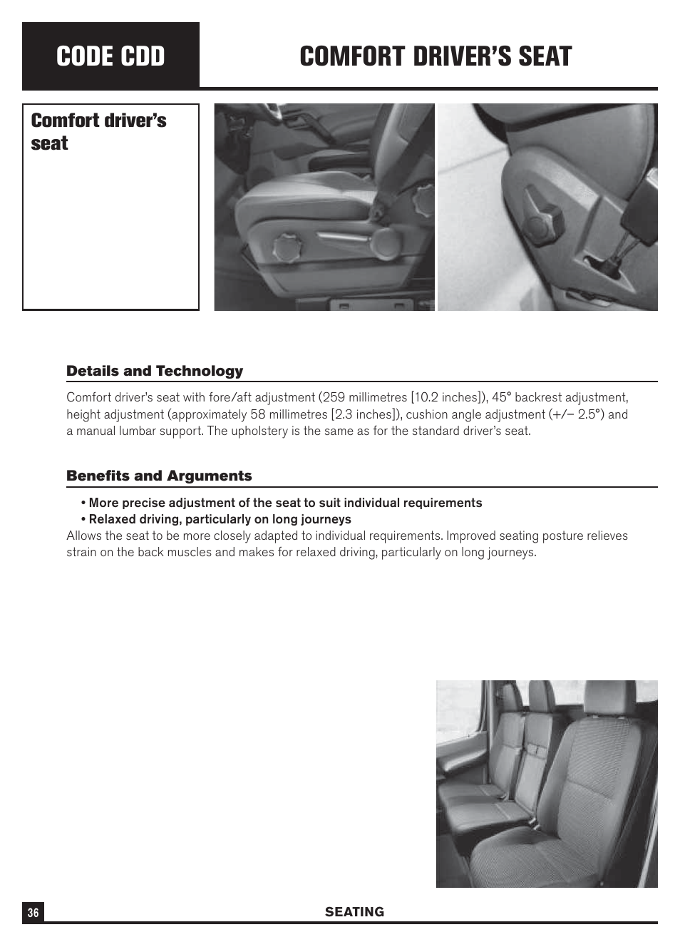 Code cdd, Comfort driver’s seat | Dodge Sprinter 3500 User Manual | Page 38 / 202