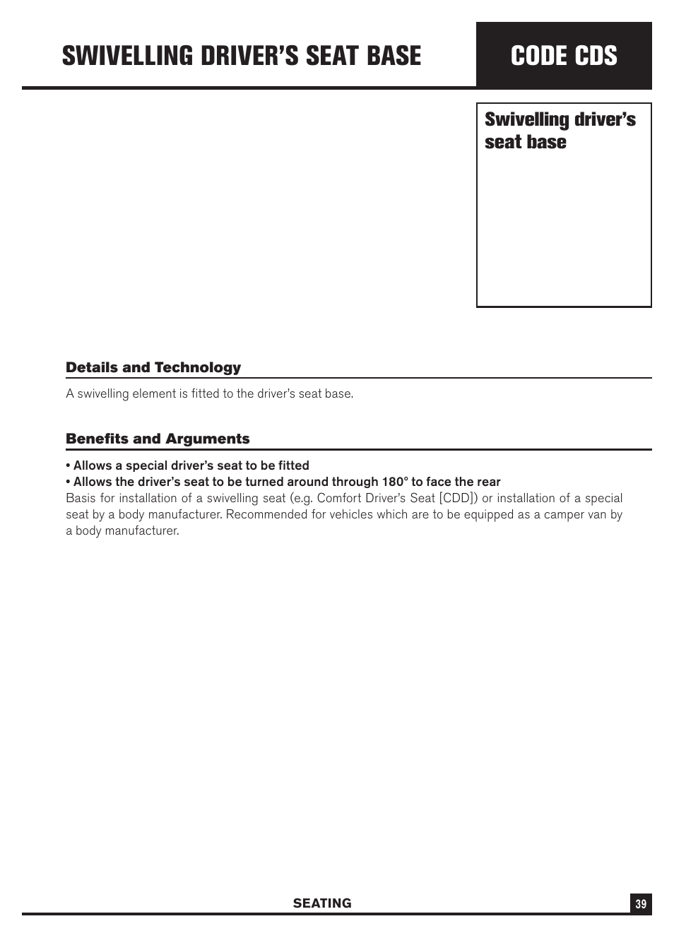 Code cds, Swivelling driver’s seat base | Dodge Sprinter 3500 User Manual | Page 41 / 202