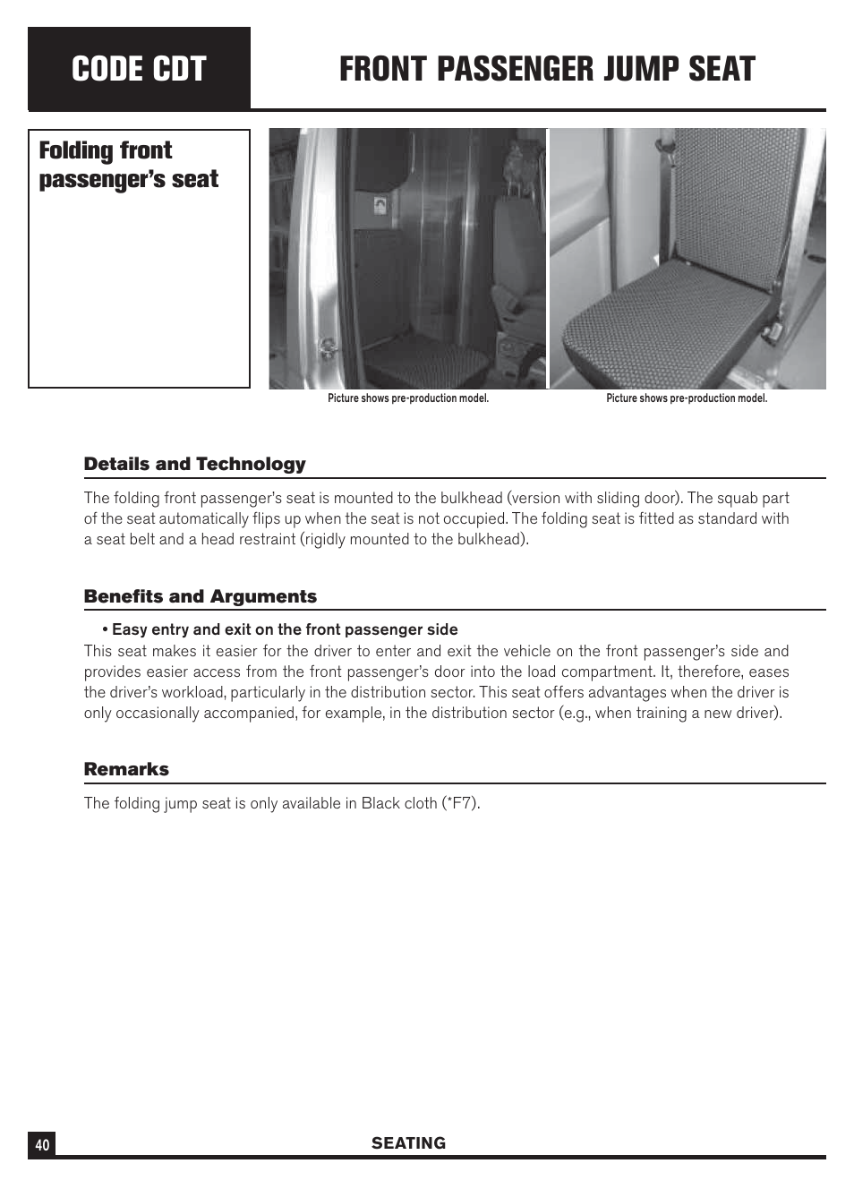 Code cdt, Front passenger jump seat, Folding front passenger’s seat | Dodge Sprinter 3500 User Manual | Page 42 / 202