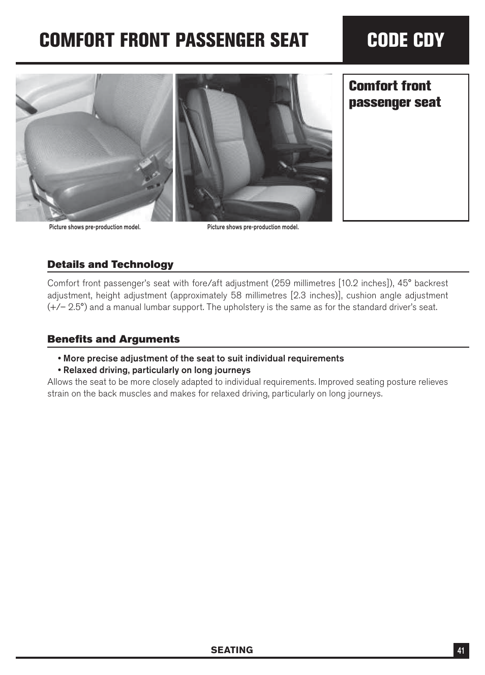 Code cdy, Comfort front passenger seat | Dodge Sprinter 3500 User Manual | Page 43 / 202