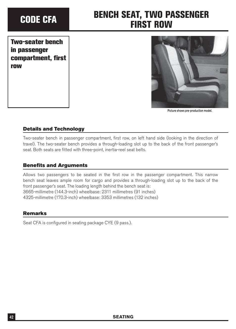 Code cfa, Bench seat, two passenger first row | Dodge Sprinter 3500 User Manual | Page 44 / 202