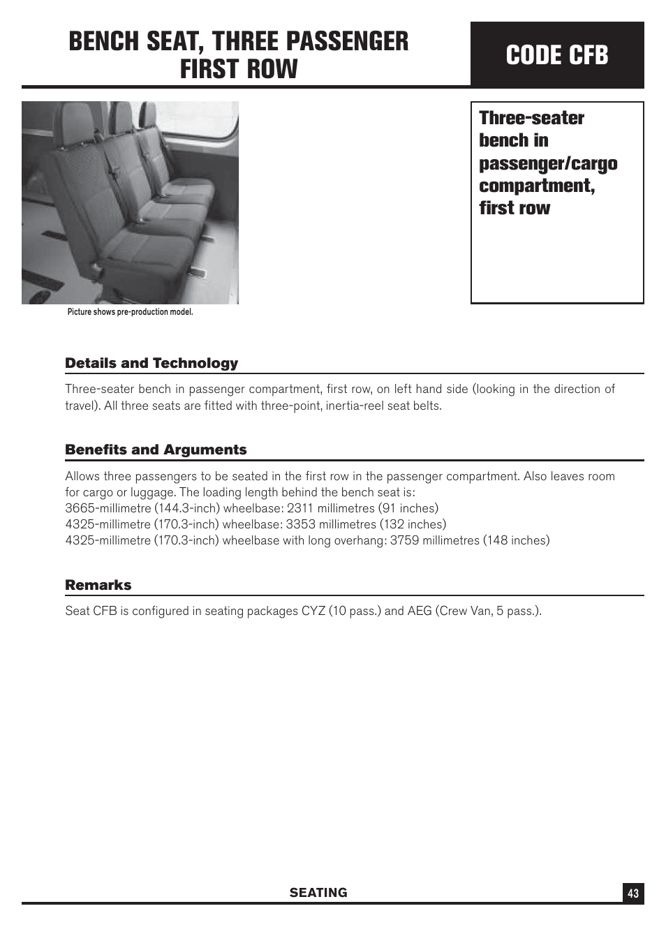 Code cfb, Bench seat, three passenger first row | Dodge Sprinter 3500 User Manual | Page 45 / 202