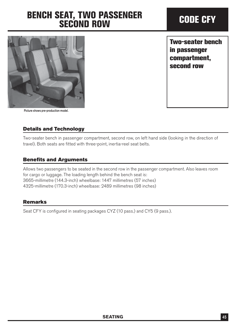 Code cfy, Bench seat, two passenger second row | Dodge Sprinter 3500 User Manual | Page 47 / 202