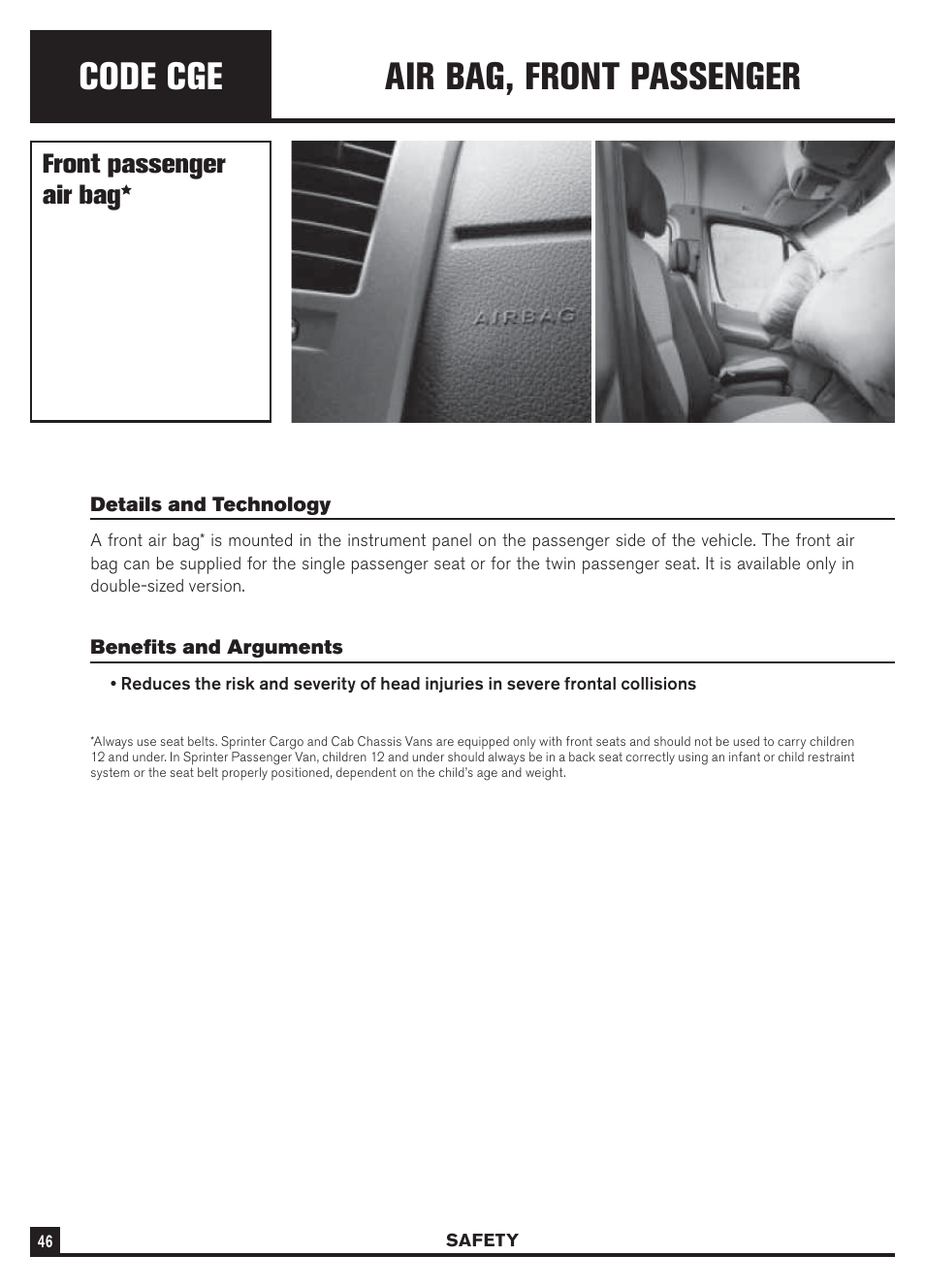 Code cge, Air bag, front passenger, Front passenger air bag | Dodge Sprinter 3500 User Manual | Page 48 / 202